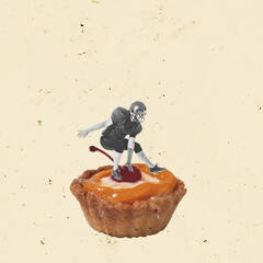 Contemporary art collage. Man, american football player on delicious pie over beige background