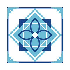 Square with geometric ornaments. Blue tile.