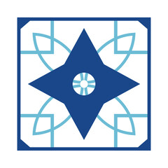 Square with geometric ornaments. Blue tile.