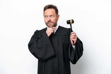 Middle age judge man isolated on white background having doubts and thinking