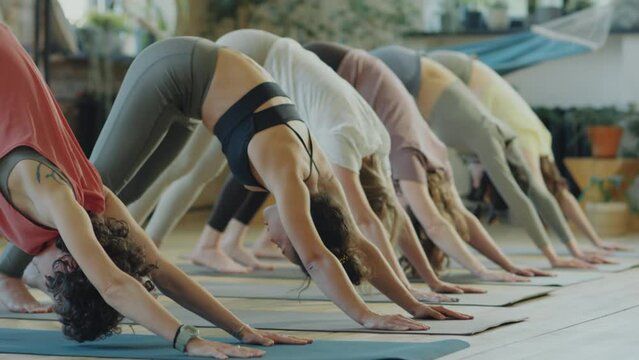 Group of women in sportswear practicing downward facing dog pose on exercise mats during yoga class with female instructor