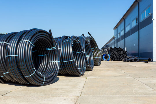 warehouse of plastic pipes in the factory