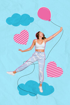 Vertical creative collage image of excited happy young beautiful girl hang hold flying balloon boyfriend valentine present clouds hearts