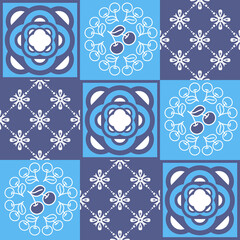 Traditional mediterranean ceramic porcelain tiles, blue white purple pattern for decoration, azulejo talavera spanish style, vector illustration