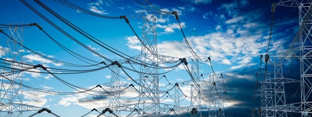 Electricity pylons, sky in background - 3D illustration