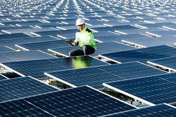 The portrait of a asian young engineer checks photovoltaic solar panels. Concept. renewable energy...