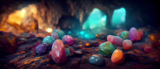 Colorful gemstones inside a magical cave. 3D realistic render background. 3D illustration