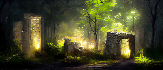 Fantasy magical forest with lights. 3D illustration