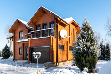Scenery facade front view of modern wooden luxury timber eco house villa with garage door...