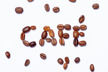 Café, caféine, grains de café, expression, arabica, robusta, gros plan, écriture 