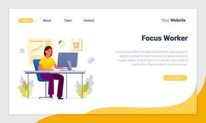 Isometric horizontal web banner with happy worker  in front of the computer , 3d vector illustration