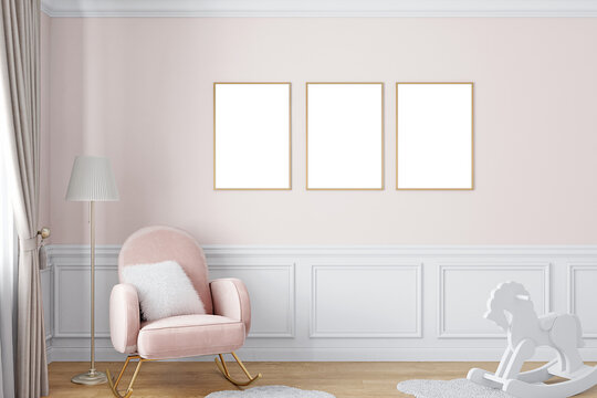 Pink baby room mockup frame, 3D render	
