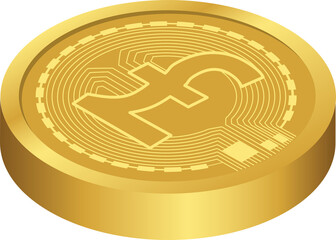 Pound Sterling digital gold coin PNG front view. Currency exchange, financial investment and...