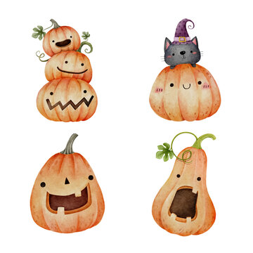 Set of watercolor Halloween pumpkins set 2. Vector illustration.