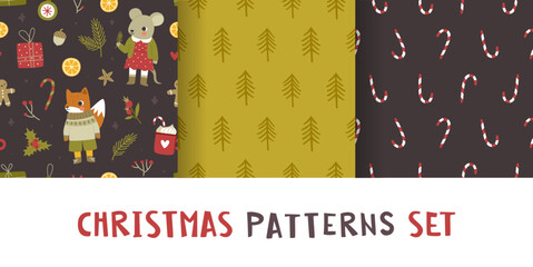 Set of christmas patterns for kids. Cozy festive vector prints collection for baby textile and wrapping paper.
