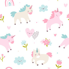 Cute pattern with unicorns for baby girls. Girly vector seamless print for textile and nursery. © Sonium_art