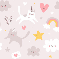 Cute scandinavian baby pattern with unicorn cats. Seamless vector print for girls fabric. © Sonium_art