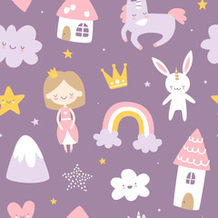 Cute purple fairytale pattern. Cartoon seamless vector print for girls textile and nursery.