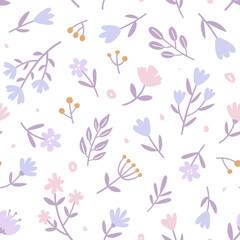 Fototapeta na wymiar Simple abstract purple flower pattern. Seamless vector girly print for textile and fabric.