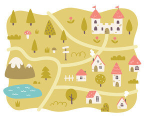 Fairytale village cute map. Medieval cartoon map print for girls carpet. Rural landscape.