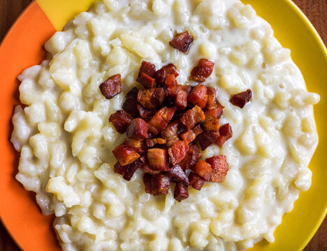 Slovak national dish Bryndzove halusky is made of small potato dumplings and a creamy cheese sauce