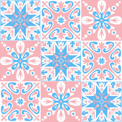 TalaVera de Puebla pastel colored ceramic tile, traditional spanish e pattern for wall design, pink blue white vector illustration