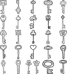 Keys Hand Drawn Doodle Line Art Outline Set Containing key, keys, latchkey, opener, passkey, screw, skeleton, lock