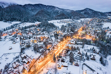 Fototapeta Zakopane in winter, cityscape in snow, aerial drone view obraz