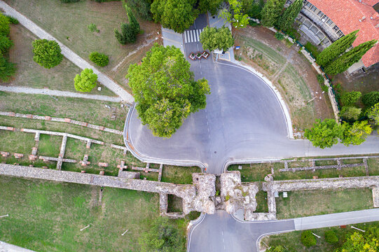 Aerial view of The South gate known as The Camels at roman fortifications in the ancient city.