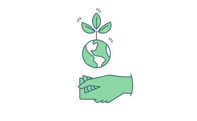 Sustainable ecologic environment concept. Hand holding planet earth. Linear vector illustration.