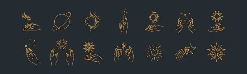 Aesthetic hands and cosmic and celestial elements. Universal cosmos related icons. Linear vector illustrations. Magic and Witchcraft symbology.