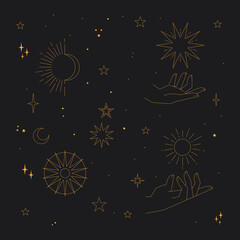 Mystical and Celestial elements with stars, planets, moons and hands. Palm and zodiac elements. Occult , Esoteric background Vector.