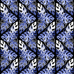 rainforest seamless pattern on dark background, monstera palm leaf, trendy vector illustration for textile