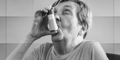 Senior woman using an inhaler, geometric pattern