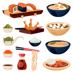 Japanese meal isolated on white background. Vector illustration. Japanese food restaurant menu design elements