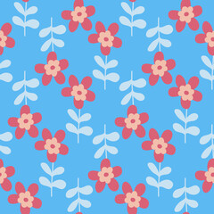 Red flower on blue background seamless pattern, daisy chamomile wild flower, vector Illustration