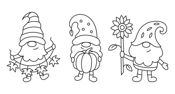 Cute autumn gnomes. Ideal for coloring books, stamps, invitations and others. Doodle style. Outline vector illustration.
