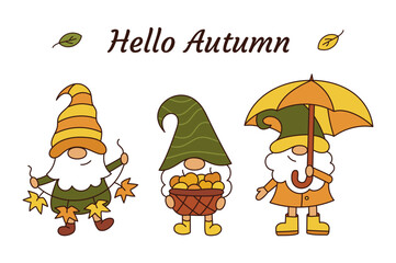 Hello autumn. Cute fall card with gnomes. Cartoon style. Vector illustration.