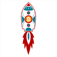 Retro rocket, Bitcoin logo, vector, isolated on white background