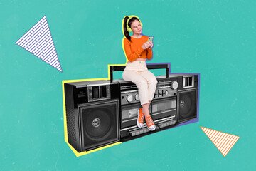 Creative 3d collage artwork poster postcard sketch of funny funky millennial girl sit radio use...