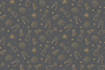 seamless New Year Eve golden pattern with champagne bottle, glasses, fireworks, party hat and confetti - vector illustration