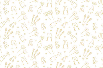 seamless New Year Eve golden pattern with champagne bottle, glasses, fireworks, sparklers and party hat- vector illustration
