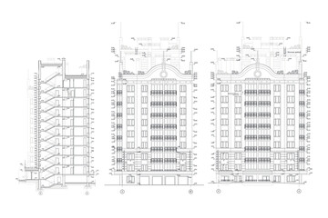 Multistory building facades, detailed architectural technical drawing, vector blueprint