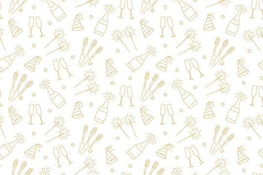 seamless New Year Eve golden pattern with champagne bottle, glasses, fireworks, sparklers and party hat- vector illustration