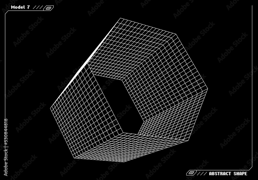 Aufkleber Abstract 3d wireframe shape or basic element with open edge. Science and technology geometric abstraction with deformed shape.