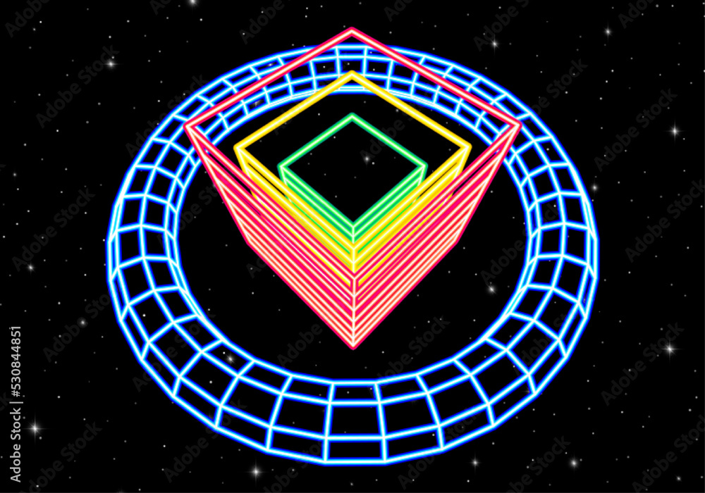 Poster abstract neon shapes in retro space. 80s or synthwave styled neon objects in virtual universe. shiny