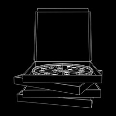 Fresh pizza in box. Wireframe vector