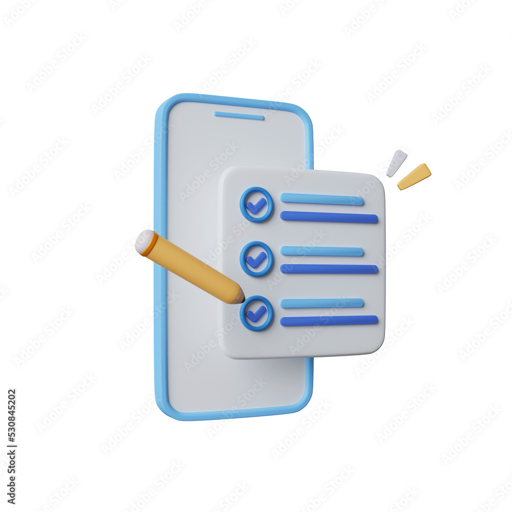 Poster 3d mobile phone with checklist. smartphone screen with checkmarks. to do list with completed tasks. 
