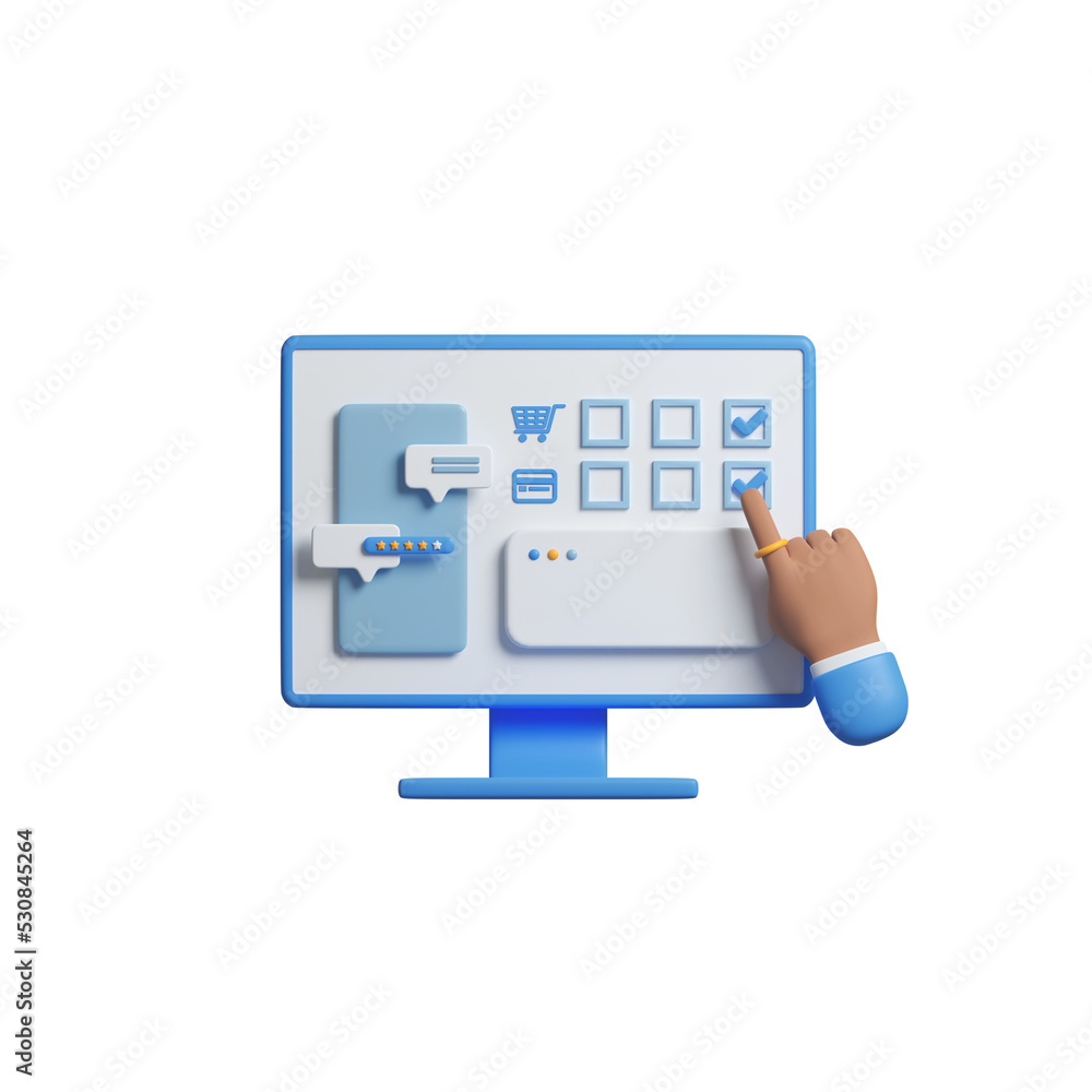 Poster 3d render. online shopping on the website by computer desktop. online store interface, shopping ux u