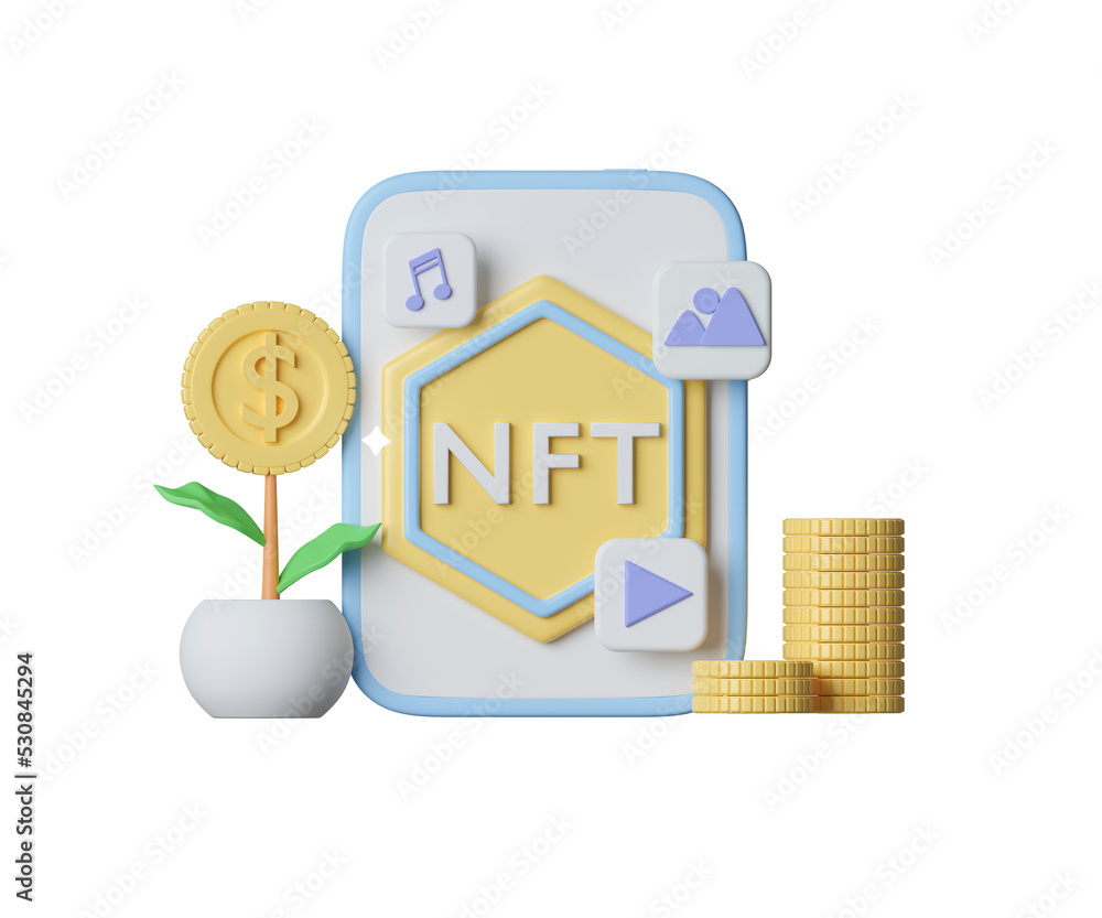 Poster cryptocurrency nft data of digital files concept by blockchain with coin stack. financial growth. ic